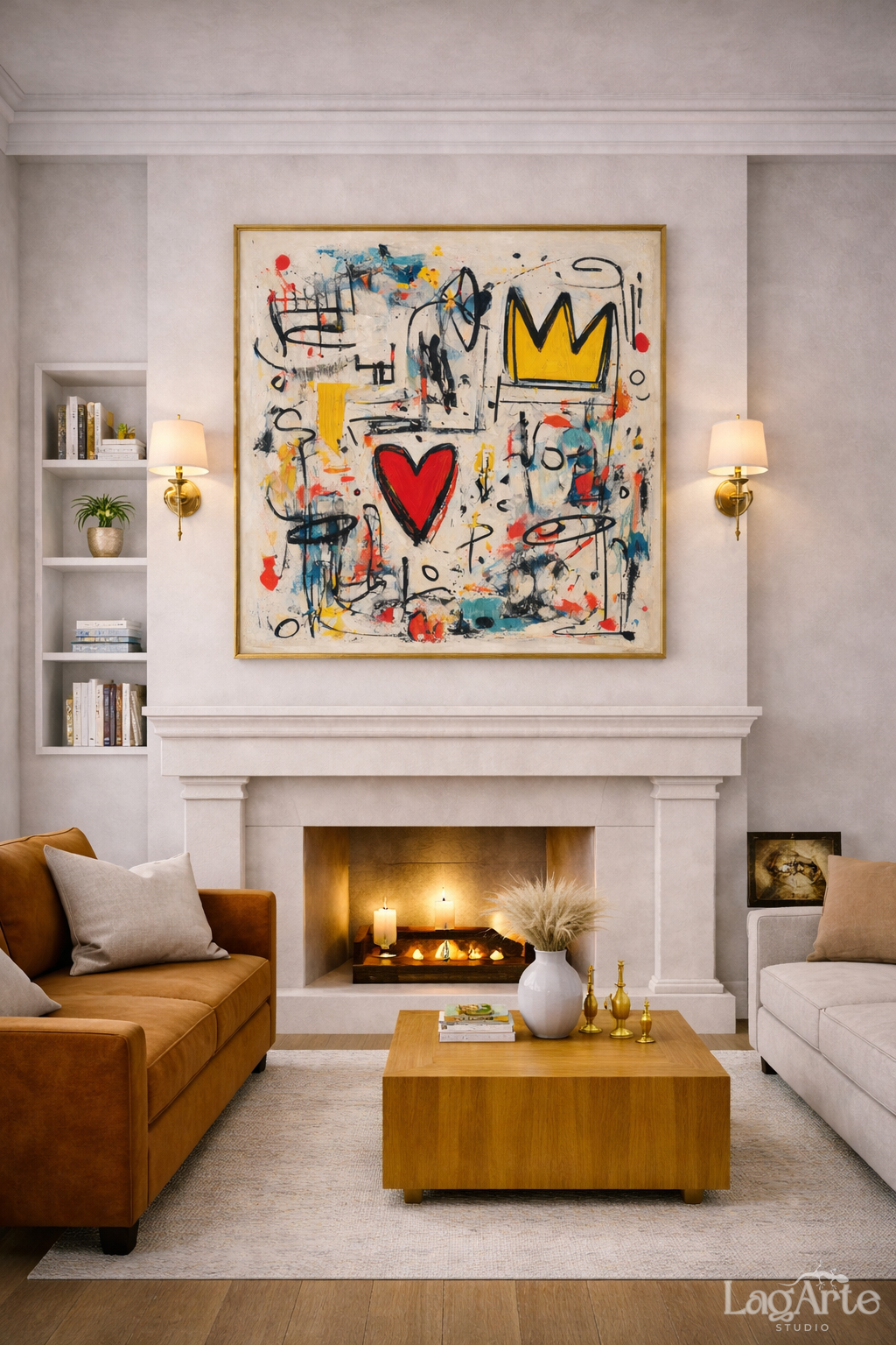 Crown and Heart neo-expressionist square canvas wall art above fireplace