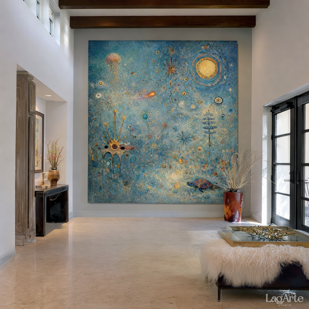 Large turquoise abstract canvas wall art in modern living room