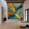 Abstract turquoise and gold canvas wall art in modern hallway