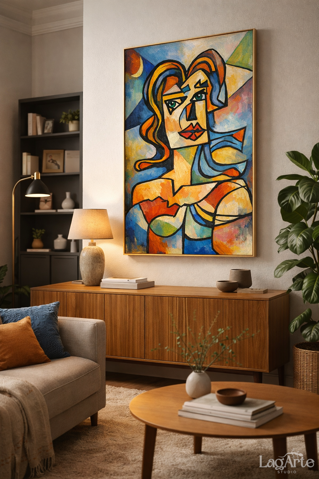 Modern cubist woman canvas wall art in mid century living room