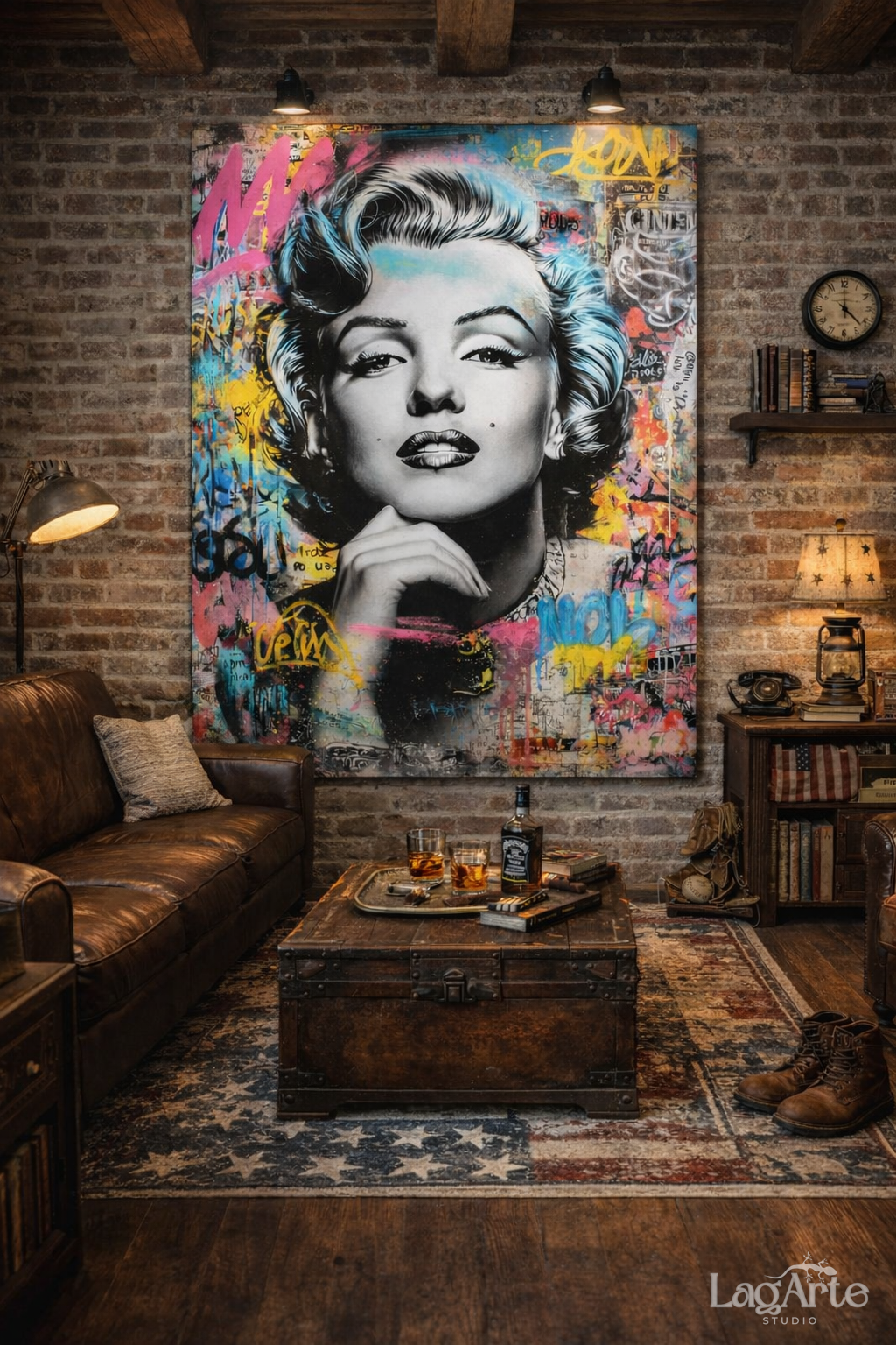 Marilyn Monroe street art canvas wall art in industrial brick loft living room