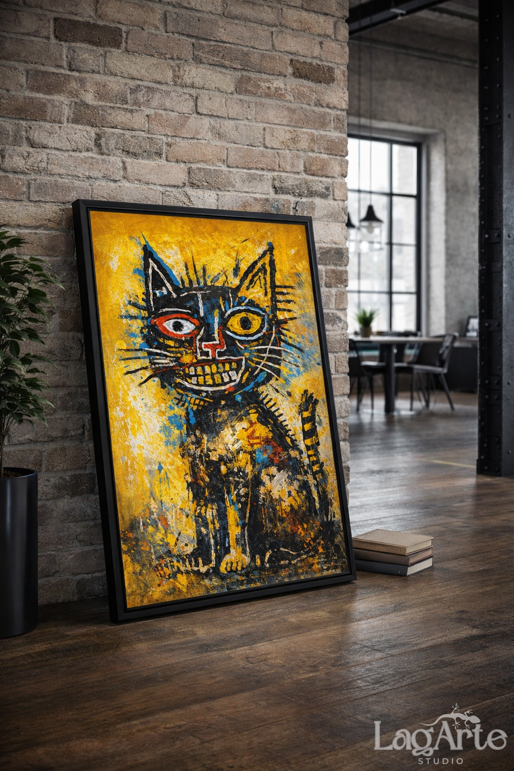 Basquiat style neo expressionist cat canvas wall art 