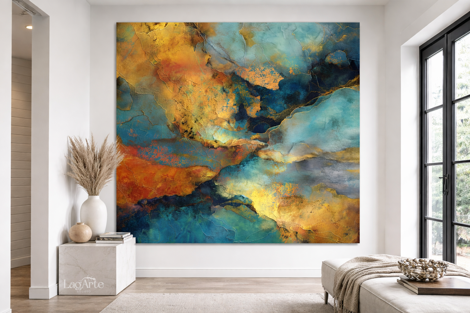Abstract turquoise gold canvas wall art in modern living room