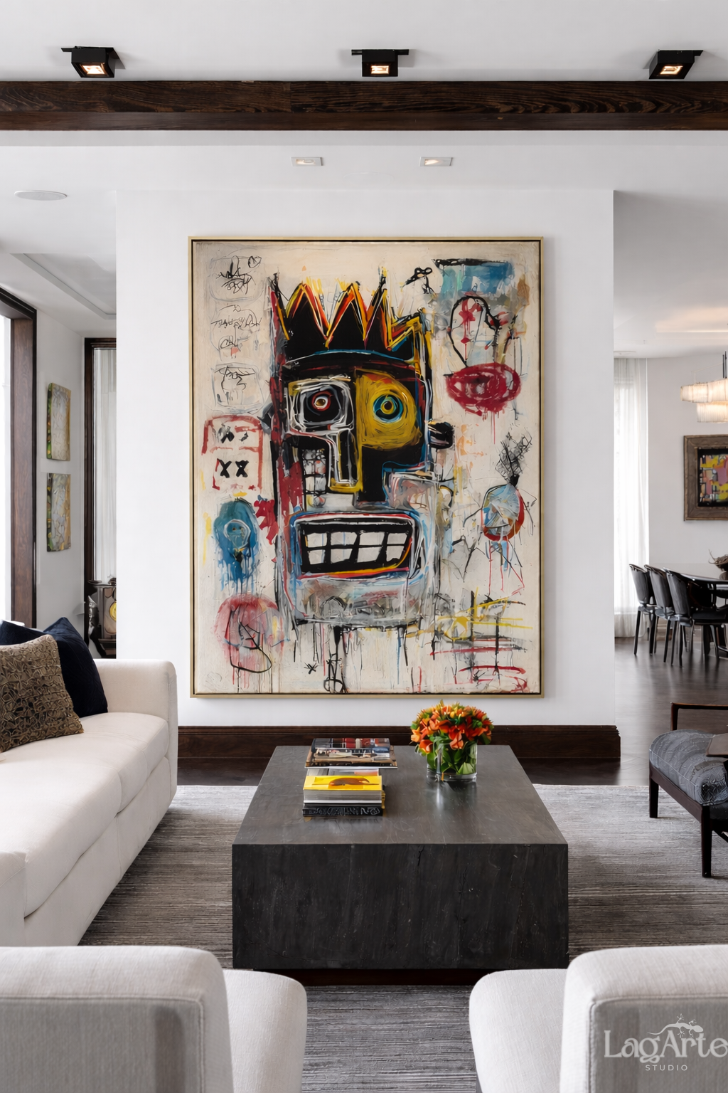 Neo-expressionist abstract face canvas wall art in modern living room