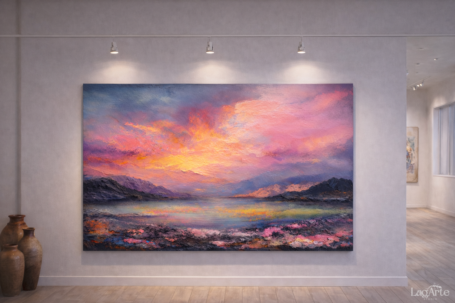 Large abstract sunset landscape canvas wall art in gallery interior