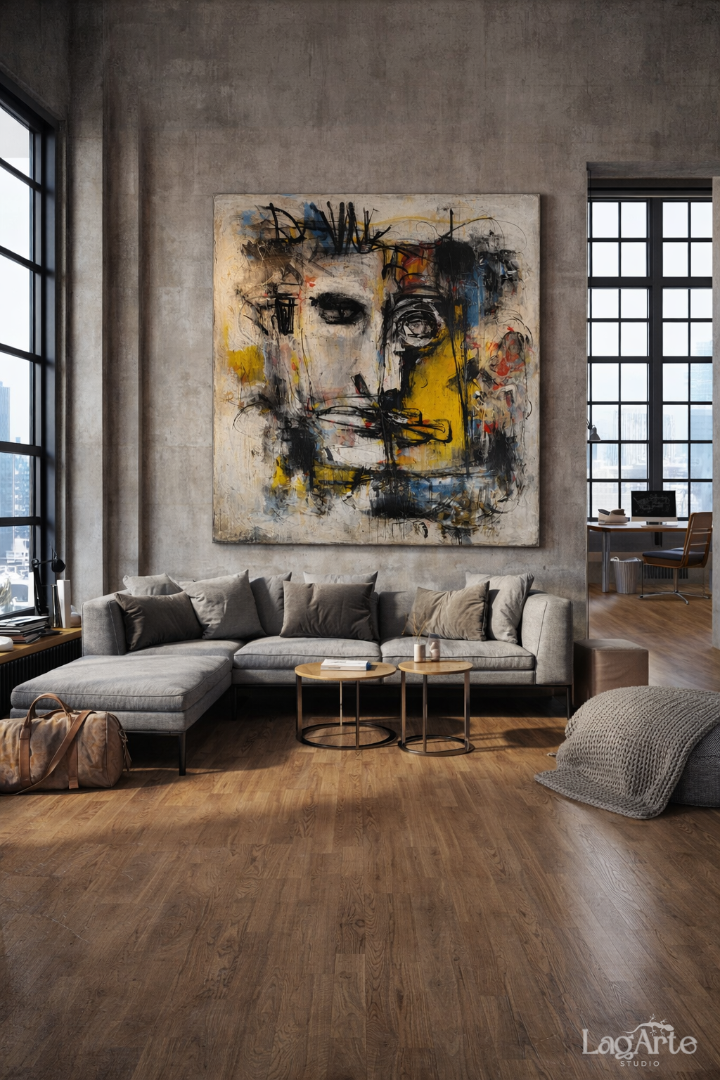 Neo-expressionist abstract face square canvas wall art in modern loft living room