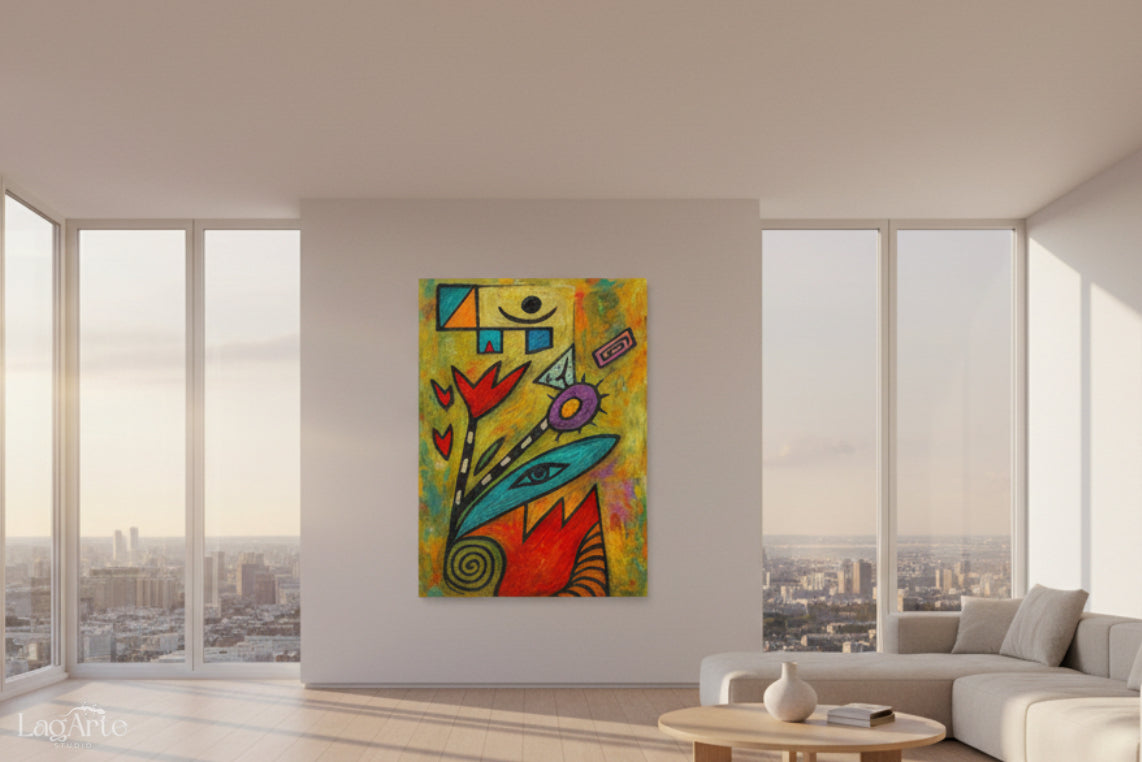 Colorful abstract face canvas in modern minimalist room