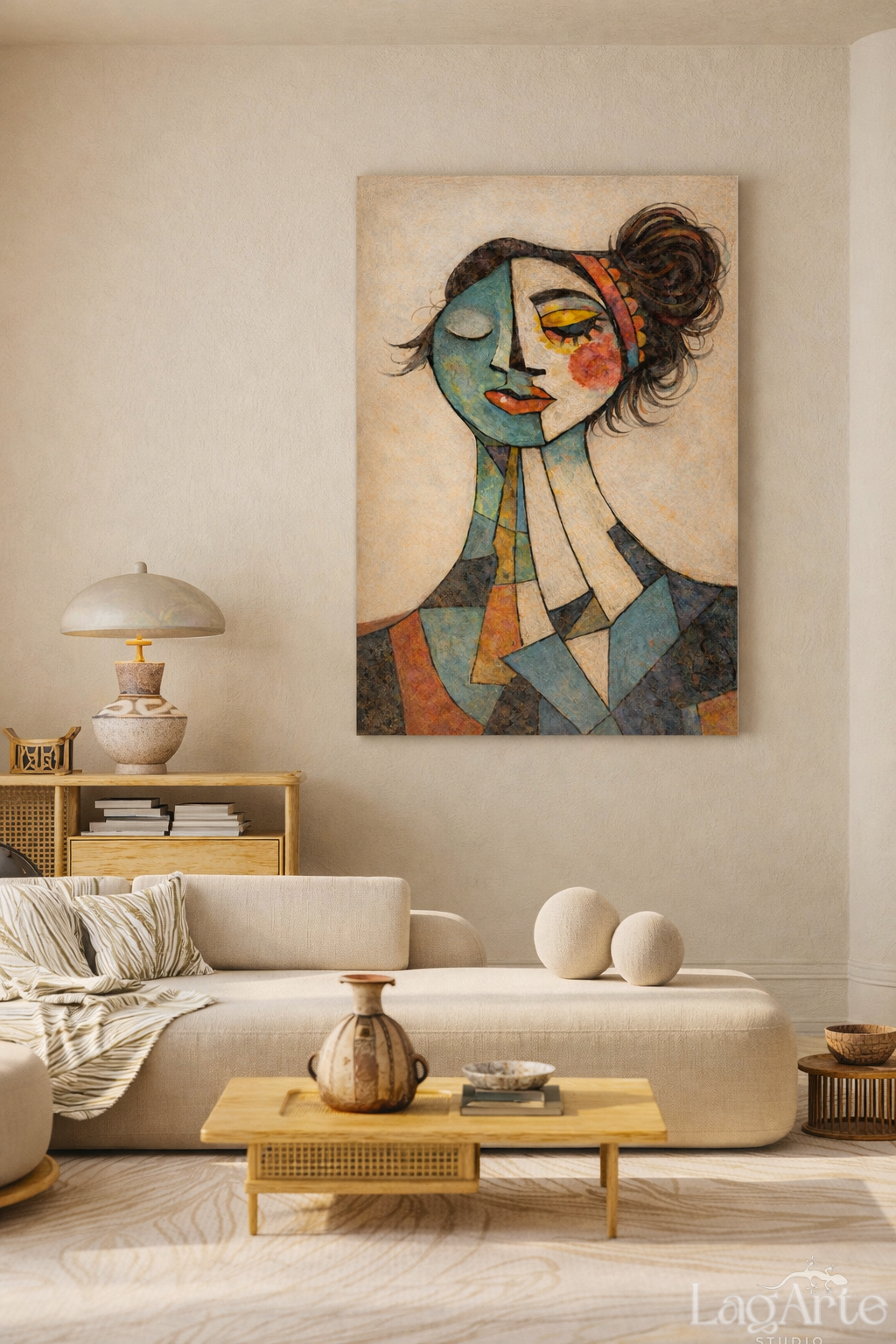 Modern cubist woman portrait canvas wall art in minimalist beige living room