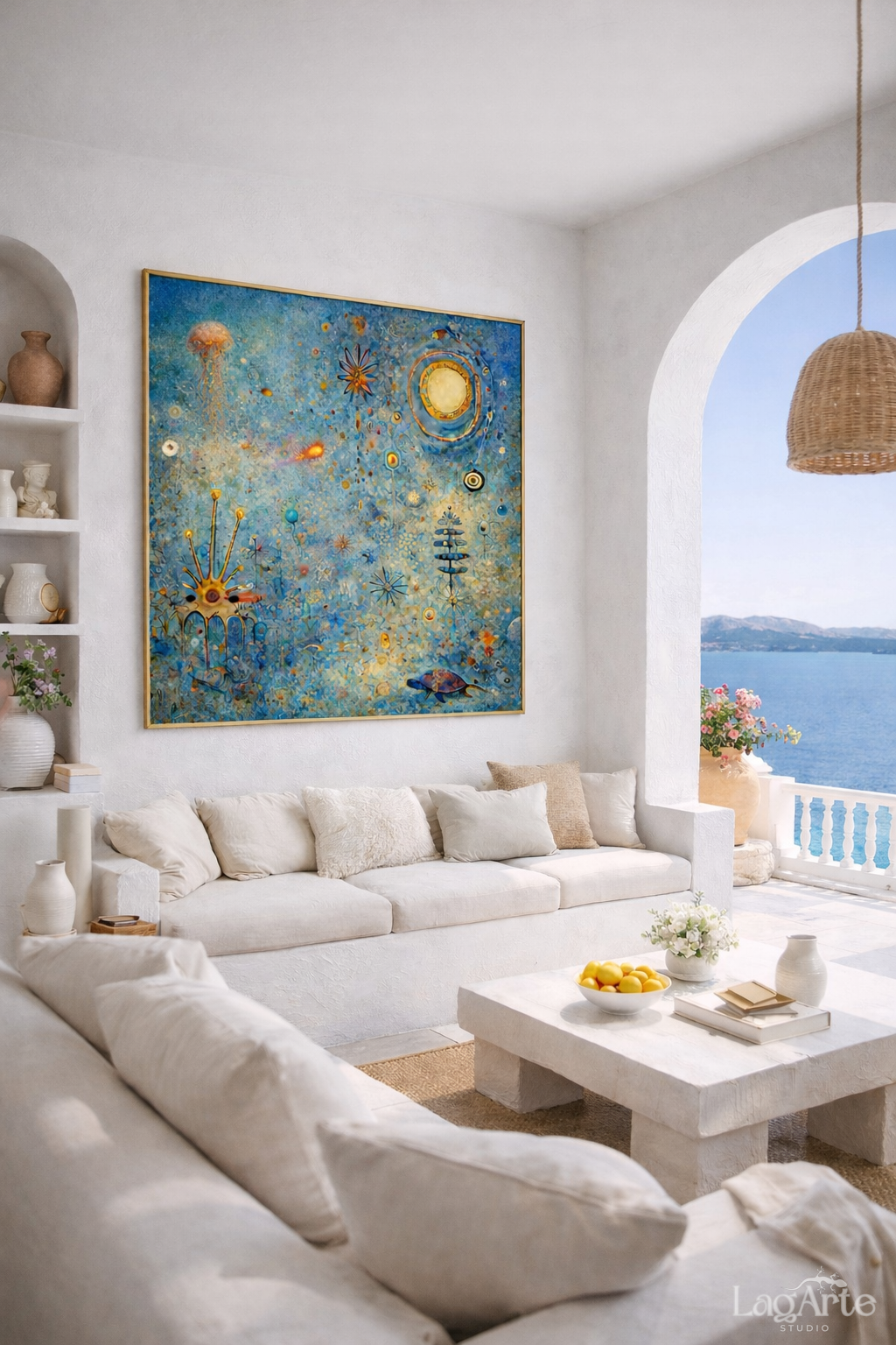 Large turquoise abstract square canvas wall art in coastal living room