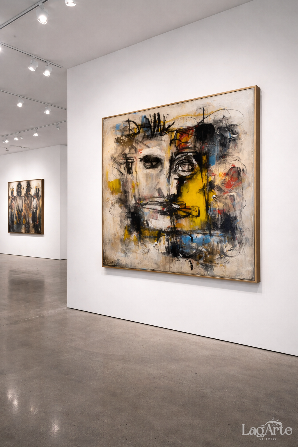 Neo-expressionist abstract face canvas wall art in modern art gallery