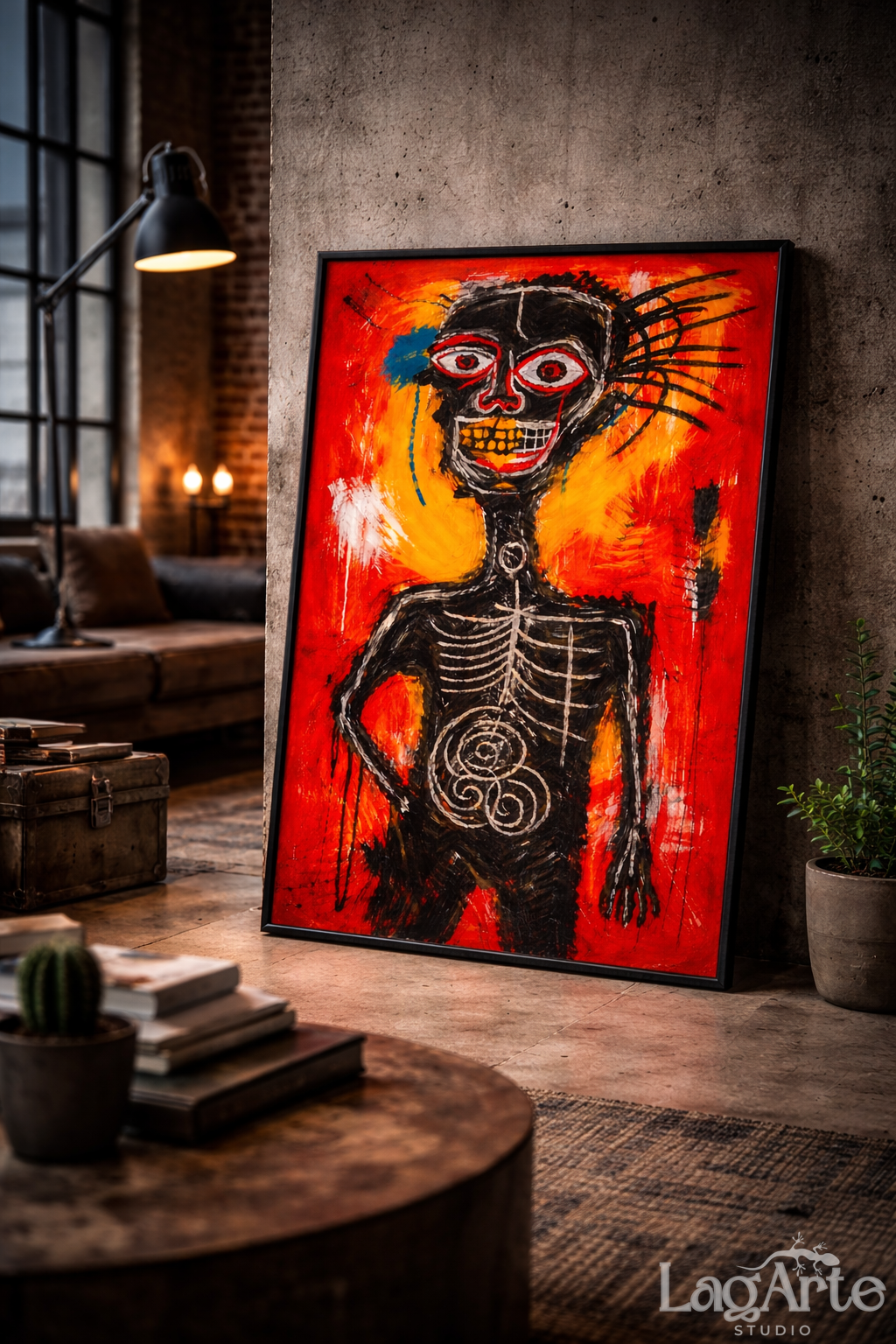 Neo expressionist canvas wall art leaning in industrial loft