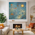 Large turquoise abstract square canvas above fireplace
