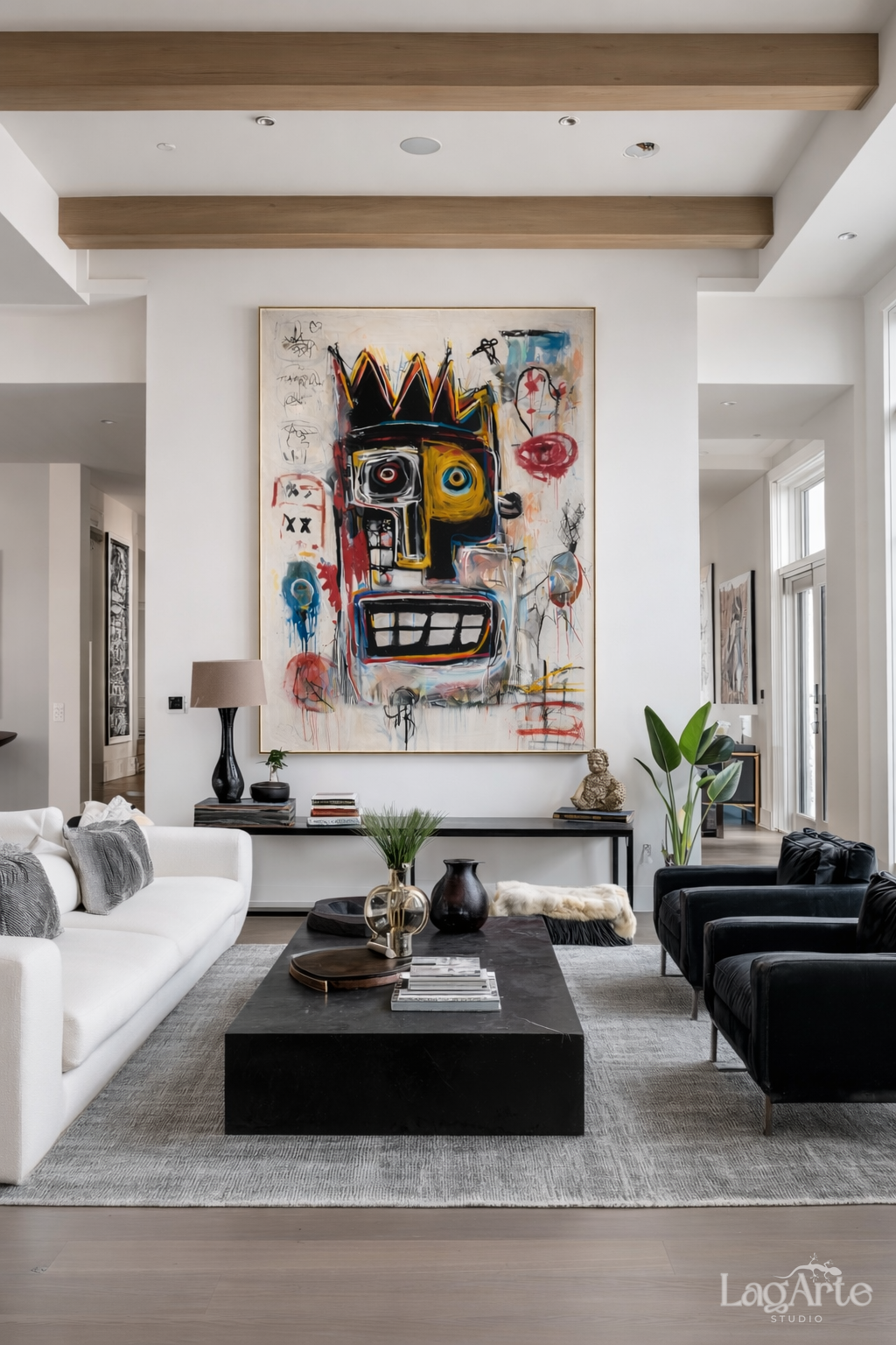 Neo-expressionist abstract face canvas wall art in modern loft interior