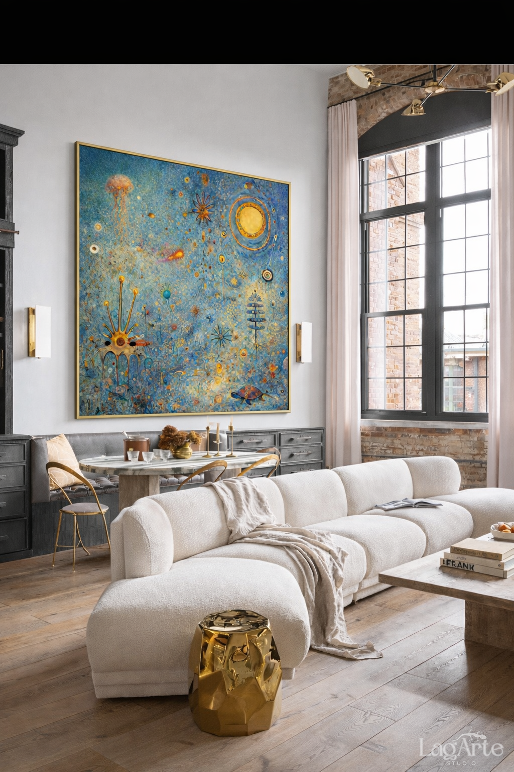 Large turquoise abstract square canvas wall art in loft interior