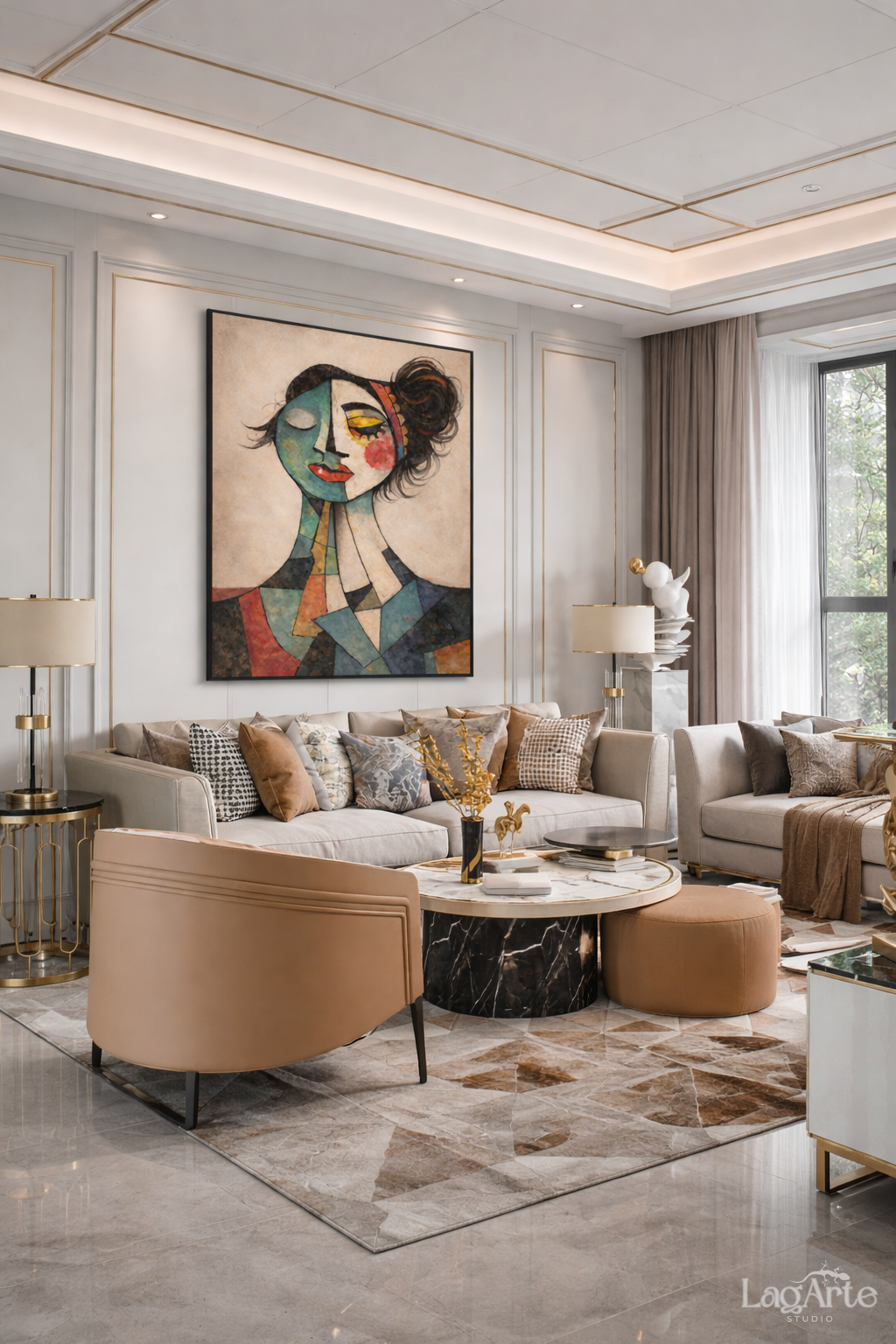 Modern cubist woman face canvas wall art in luxury contemporary living room