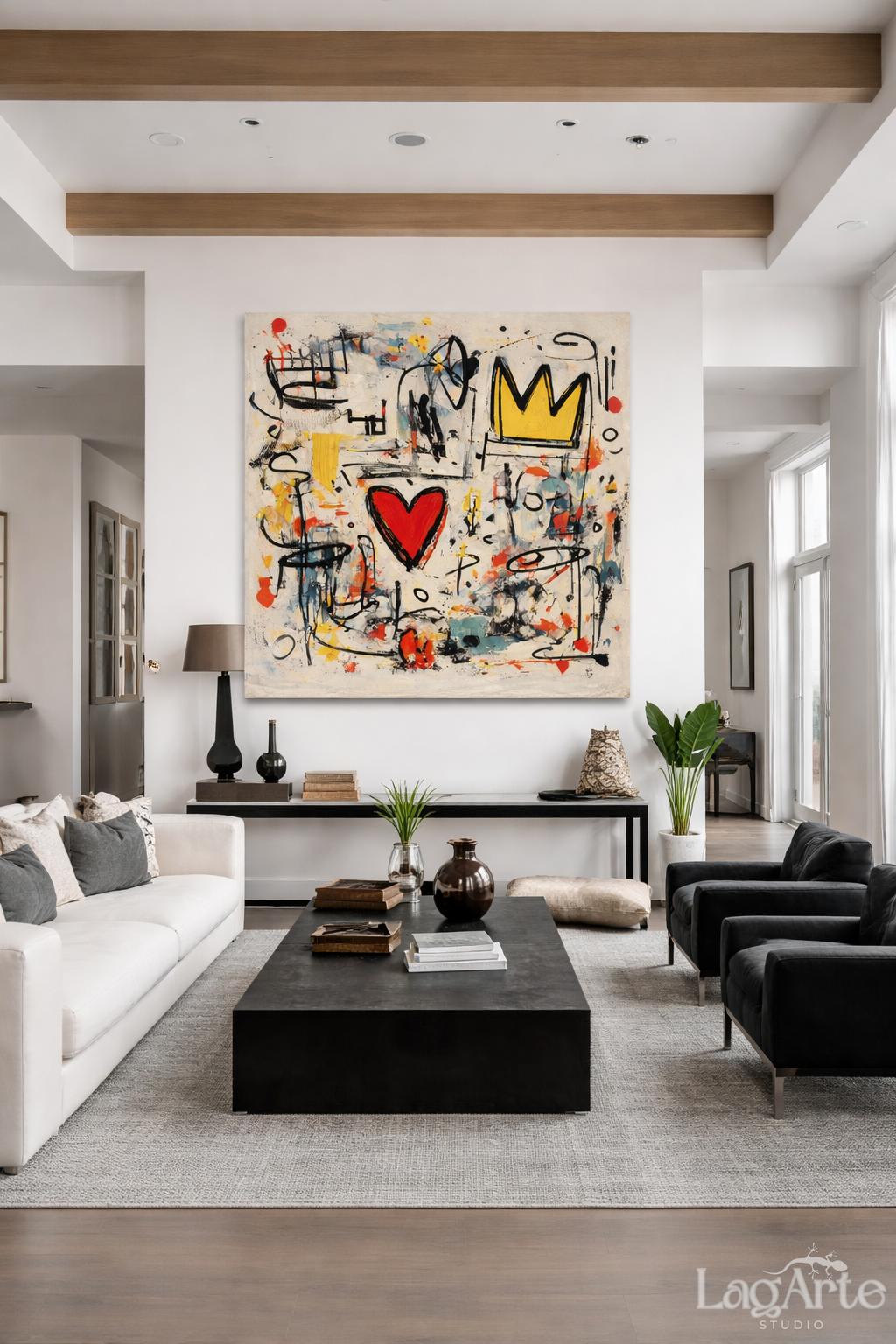 Crown and Heart neo-expressionist square canvas wall art in modern living room
