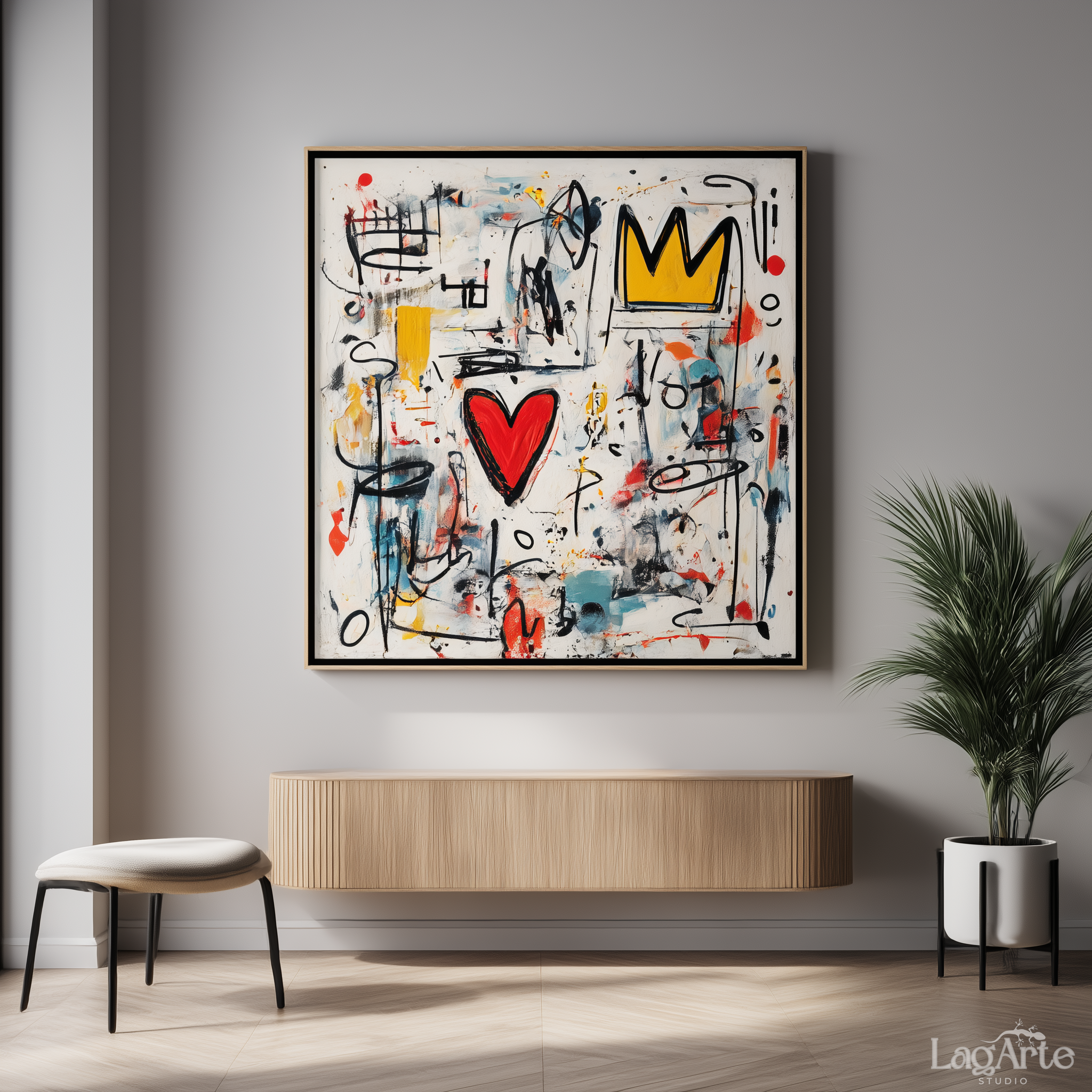 Crown and Heart neo-expressionist square canvas wall art in minimalist interior