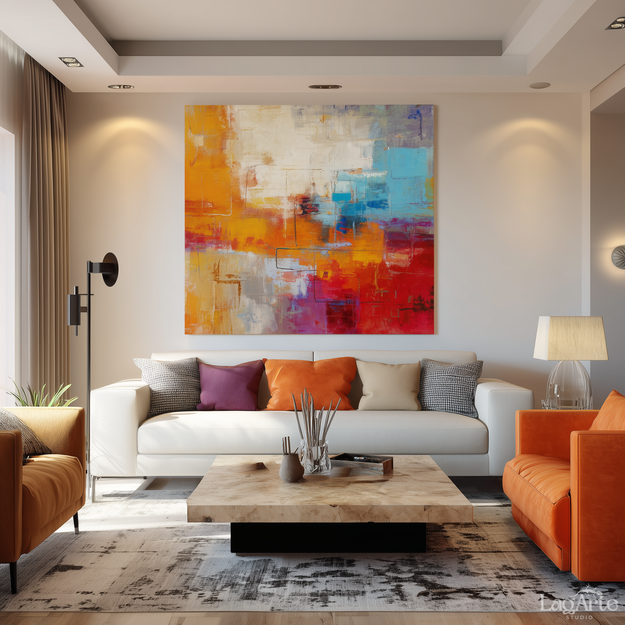 Colorful contemporary abstract wall art in modern living room