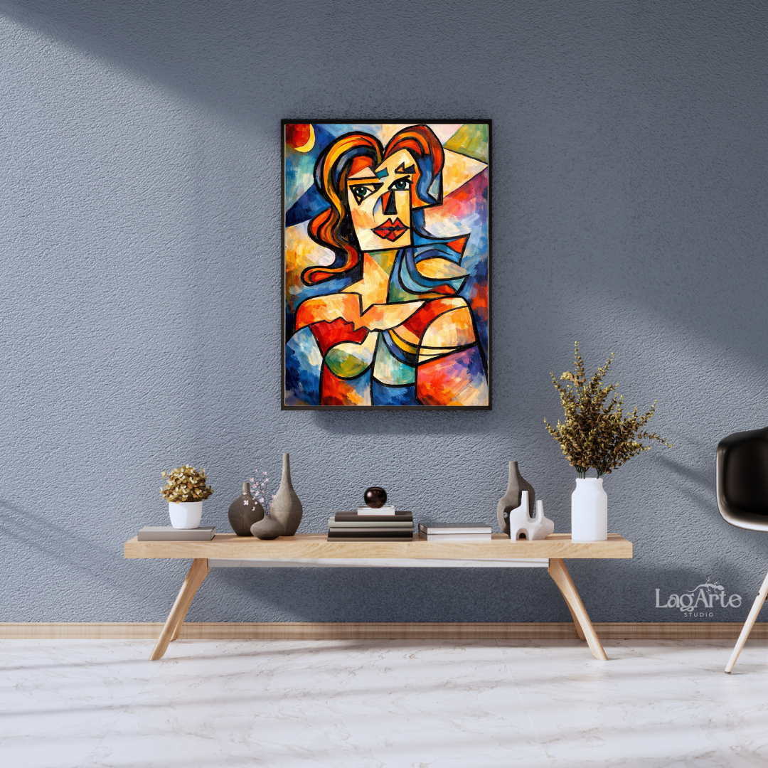 Modern cubist woman canvas wall art in minimalist living room