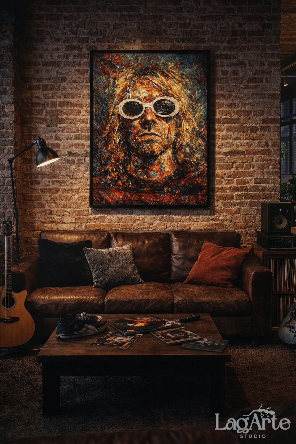 Kurt Cobain portrait canvas wall art in loft interior