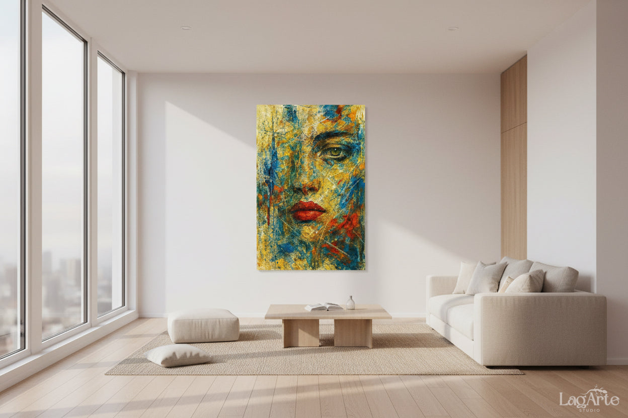 Textured abstract female portrait canvas wall art in modern minimalist living room