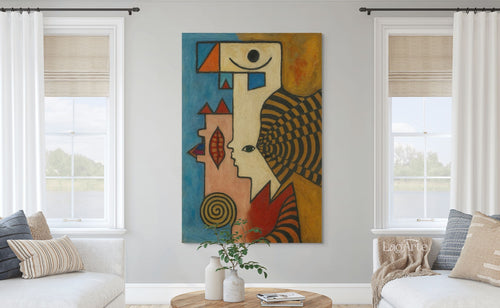 Abstract face canvas wall art, geometric modern painting, vertical colorful art print