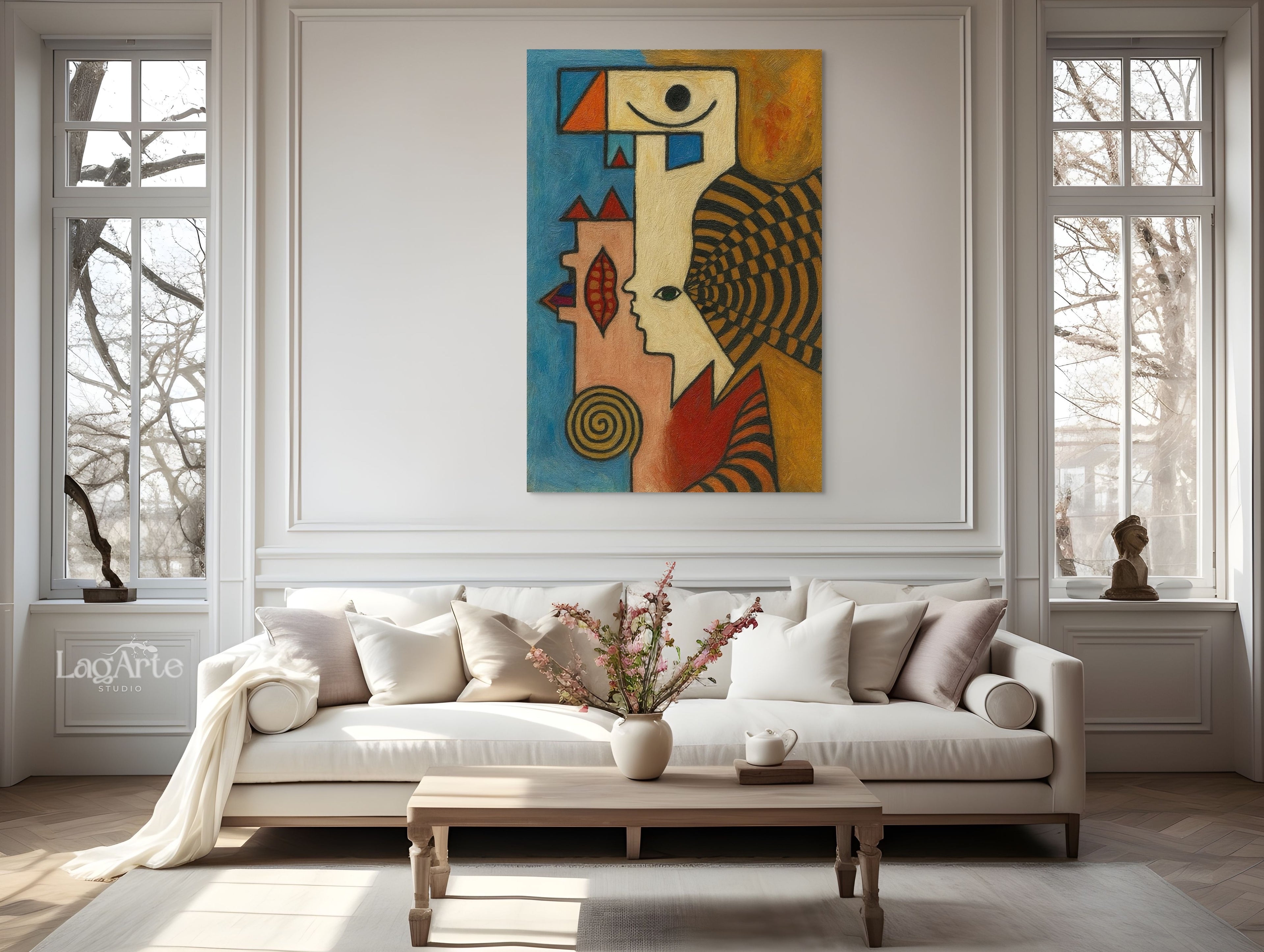 Cubist abstract face canvas wall art, modern cubist style painting