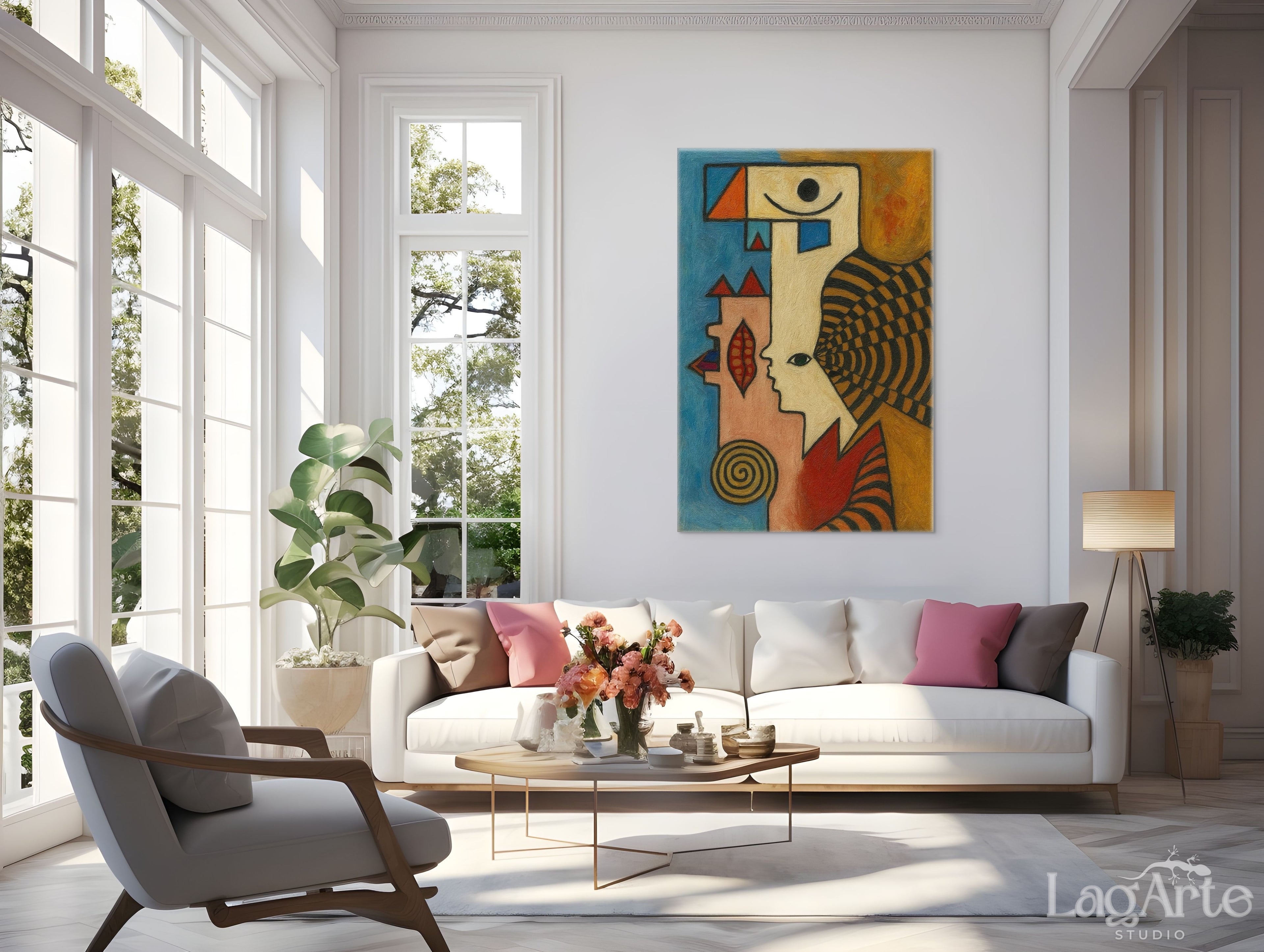 Cubist abstract face canvas wall art, modern geometric portrait