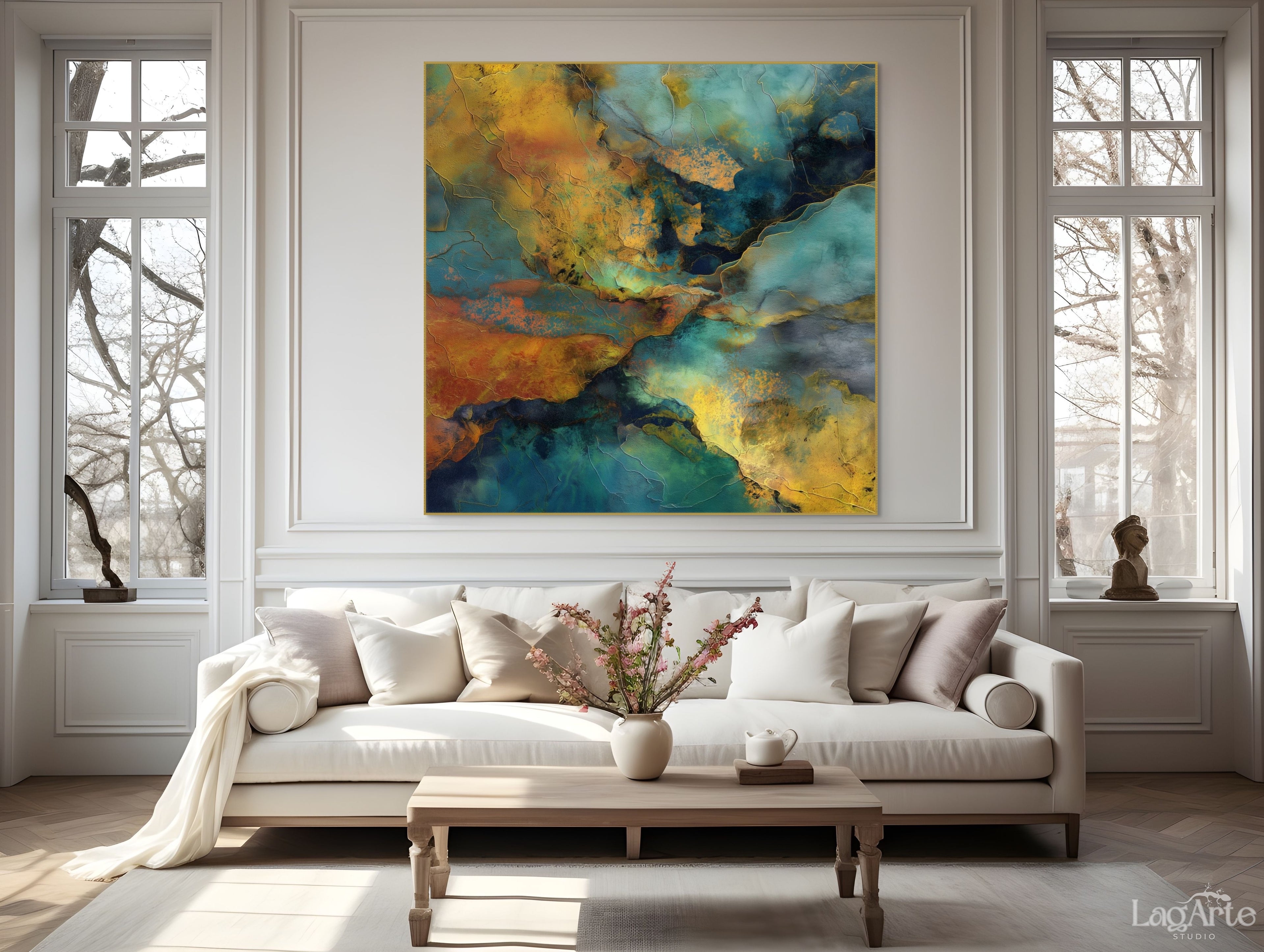 Abstract turquoise gold painting – modern luxury interior