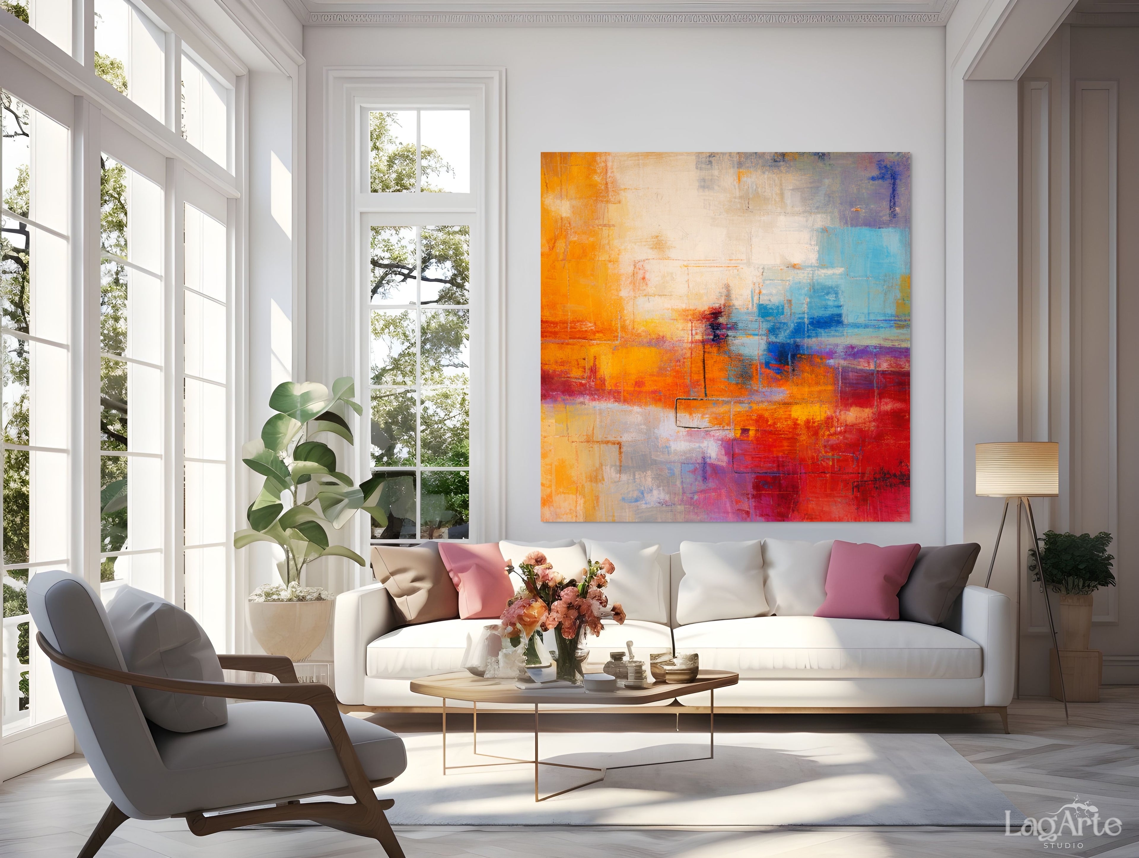 Colorful contemporary abstract canvas wall art in bright modern living room
