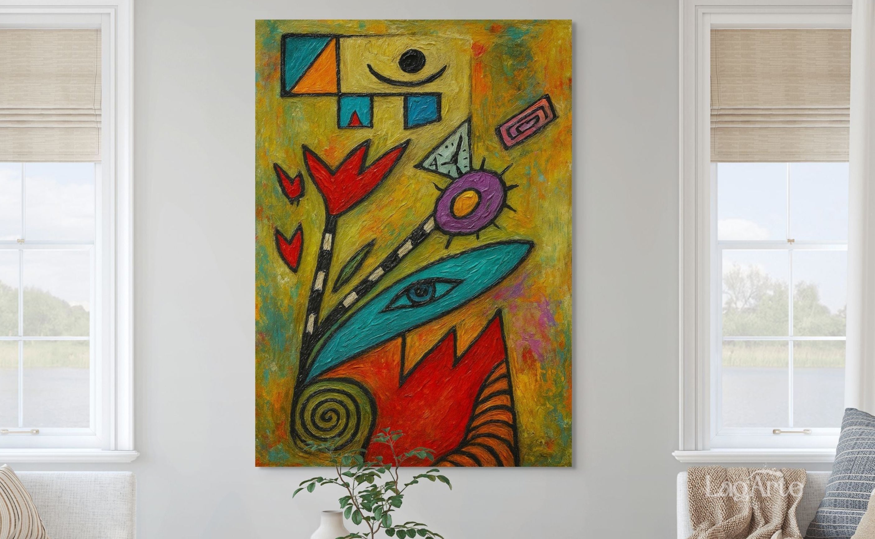 colorful abstract face and florals wall art