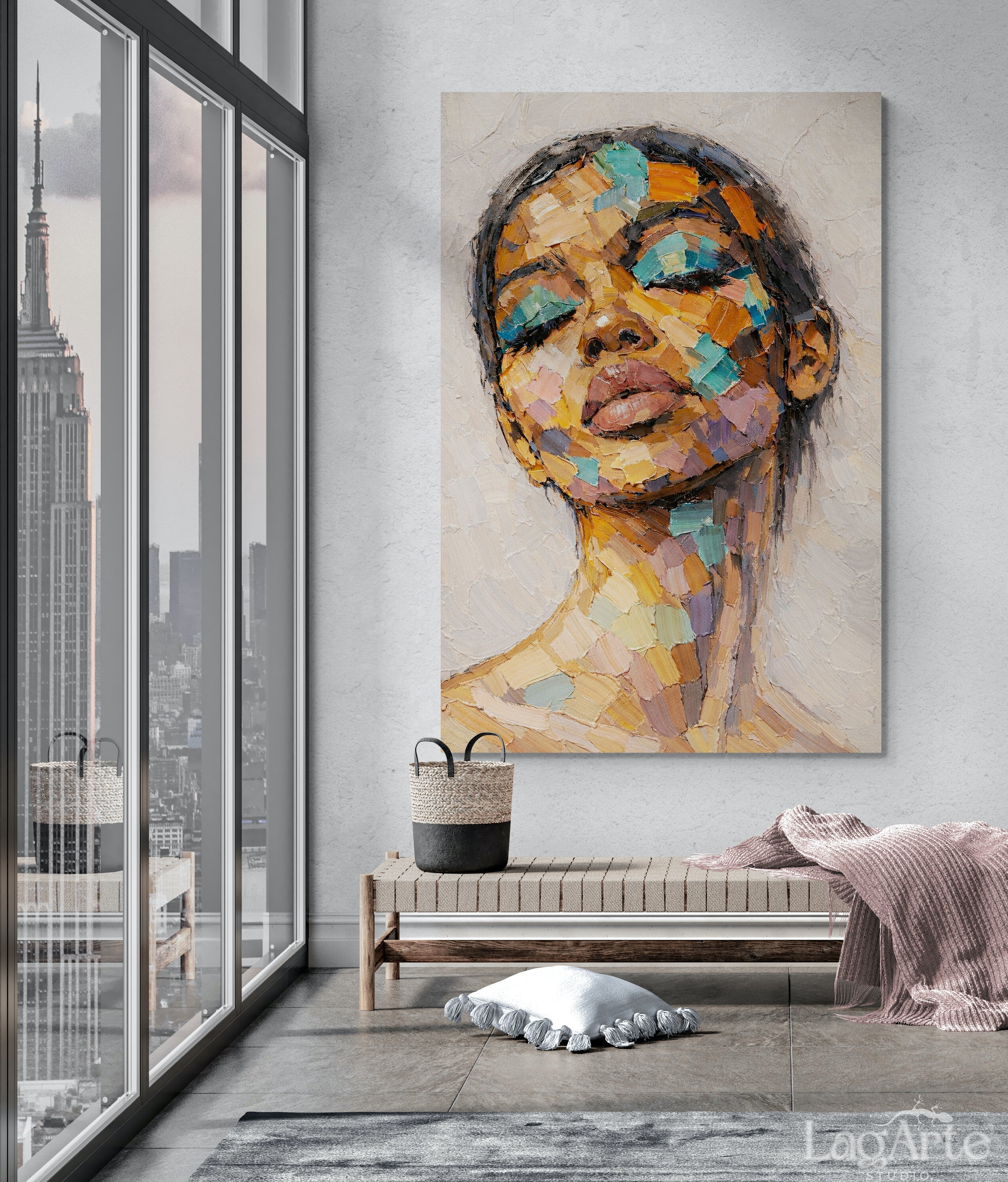 turquoise and beige abstract portrait canvas wall art