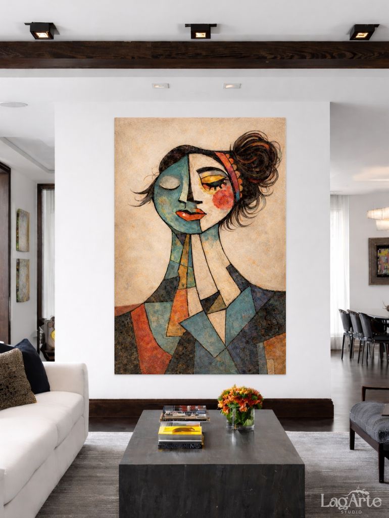 Modern cubist woman portrait canvas wall art in contemporary living room