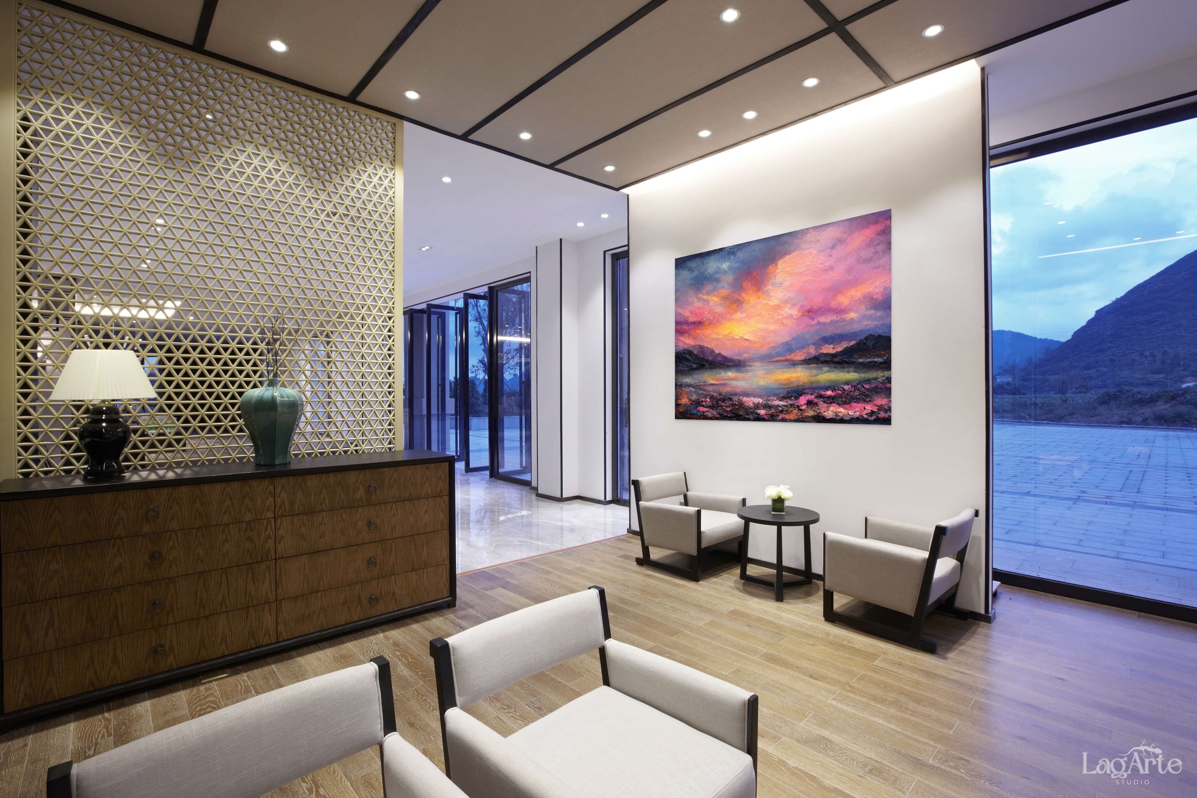 Abstract sunset canvas wall art in modern luxury interio