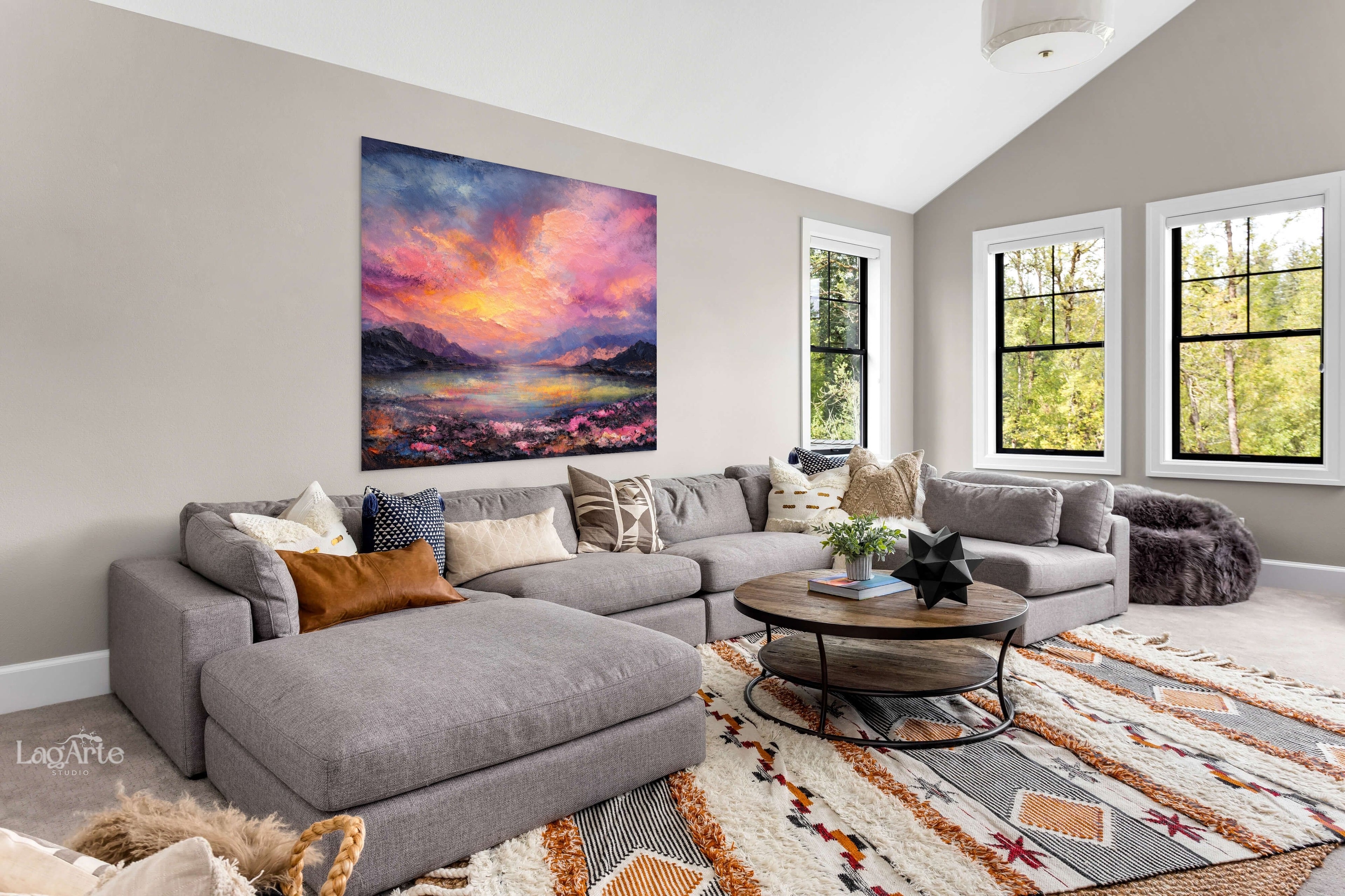 Abstract sunset landscape canvas wall art above sofa