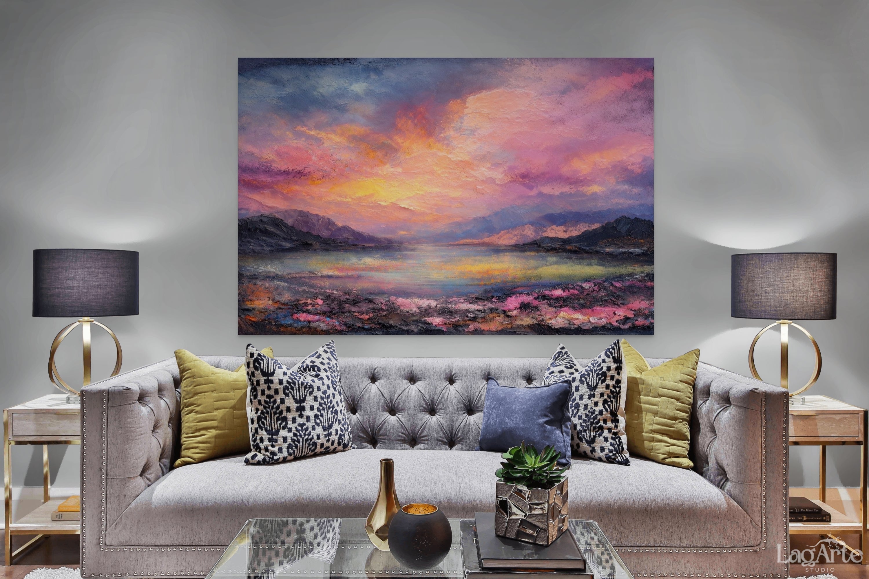 Abstract sunset canvas wall art in modern living room