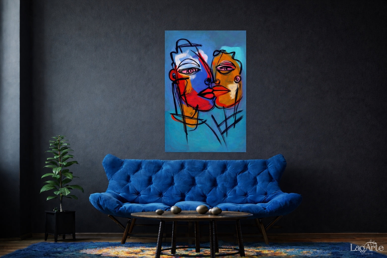 Abstract expressionist face wall art in industrial loft