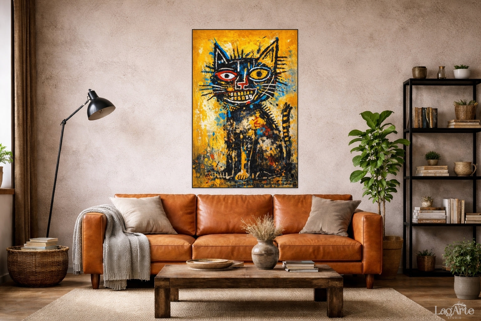 Basquiat style neo expressionist cat canvas wall art 