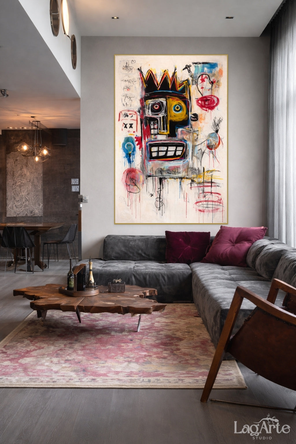 Neo-expressionist abstract face canvas in loft interior