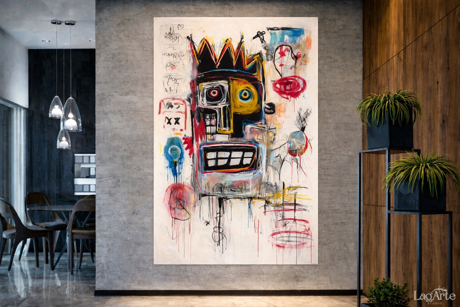 Neo-expressionist abstract face canvas in industrial interior