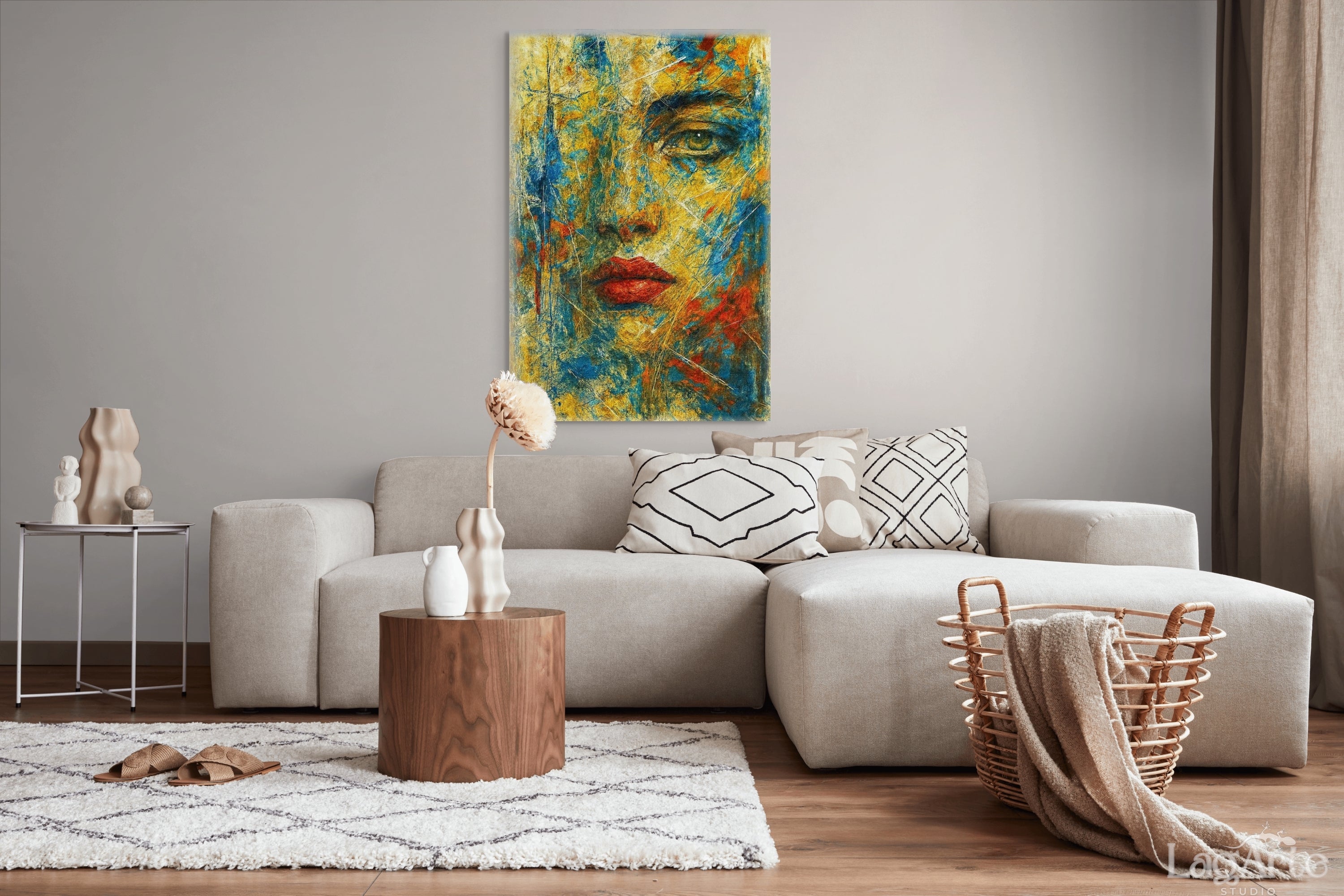 Colorful abstract woman face canvas wall art in modern neutral living room