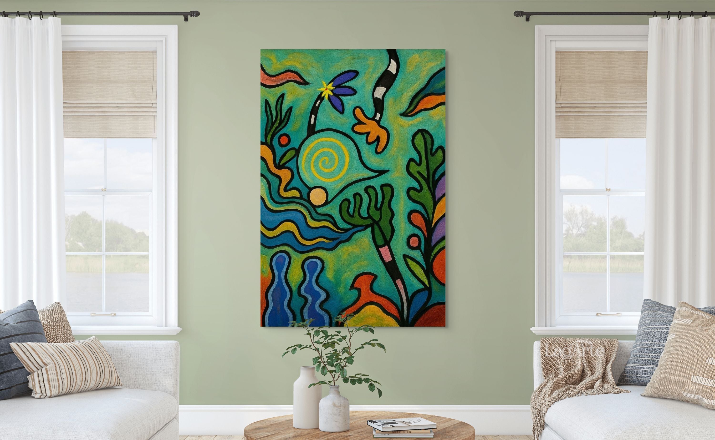 Colorful abstract psychedelic canvas wall art with green background for modern living room decor