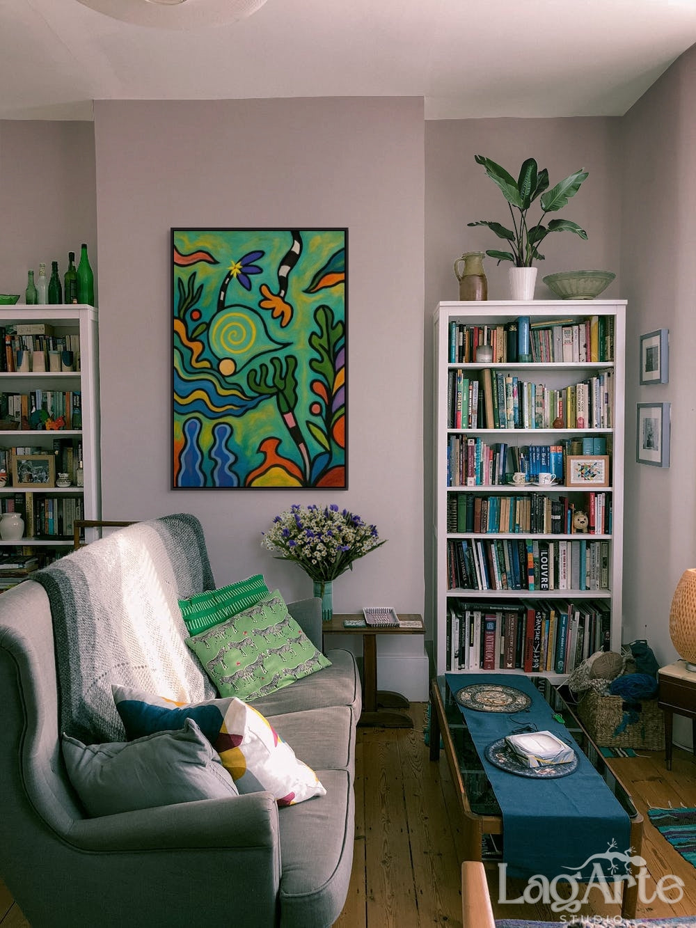 Psychedelic hippie canvas wall art in cozy living room