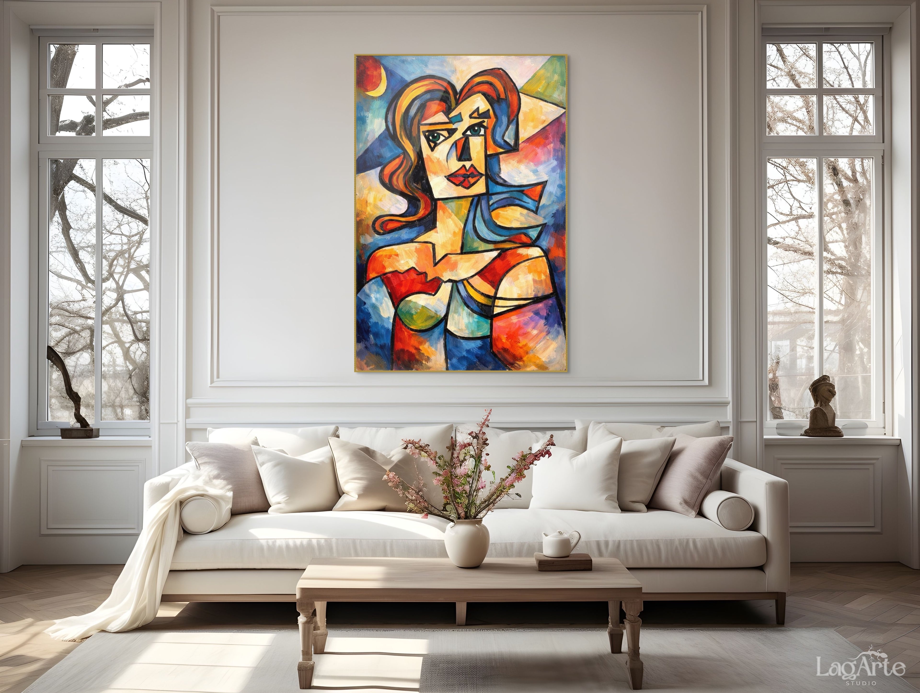 Modern cubist woman canvas wall art in contemporary living room