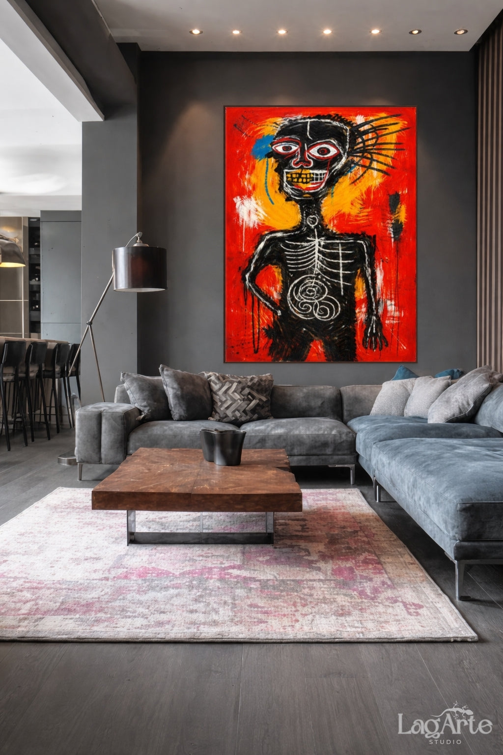 Urban neo expressionist portrait canvas wall art in contemporary interior