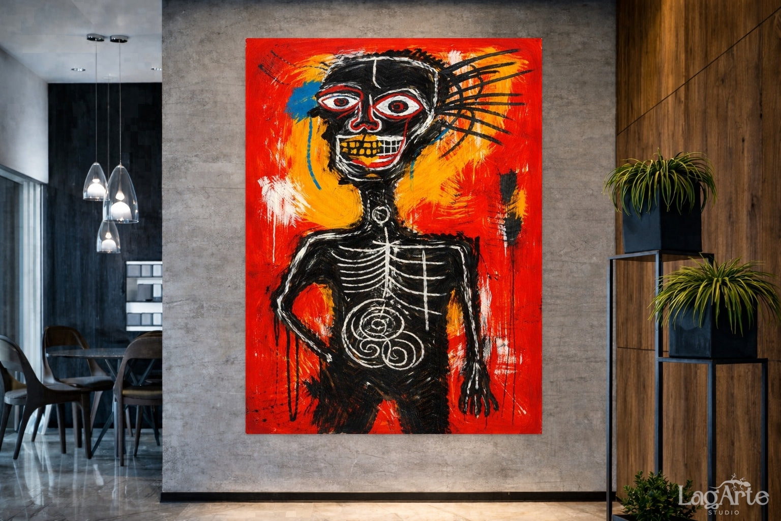 Neo expressionist skull figure canvas wall art in modern loft interior