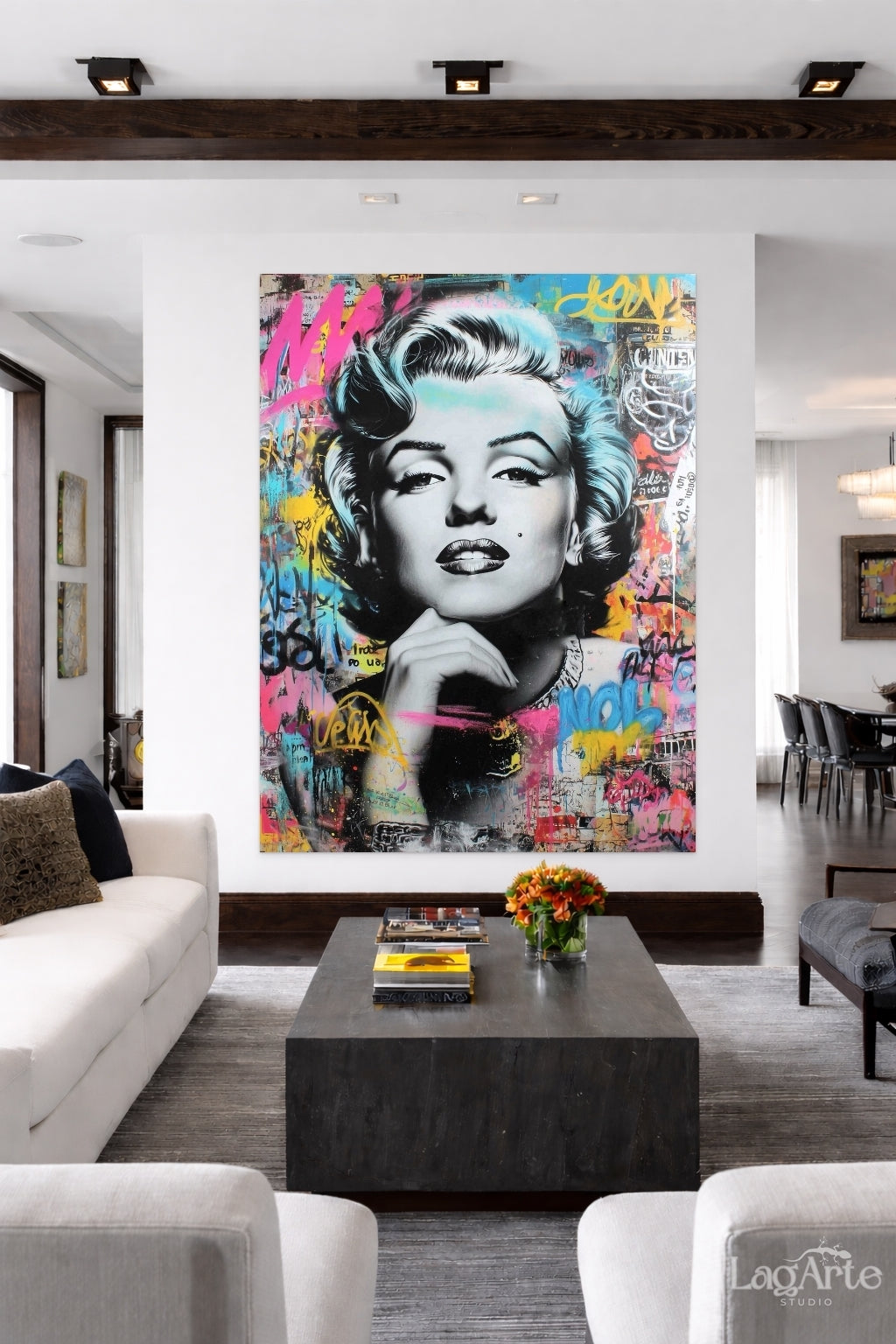 Marilyn Monroe pop art canvas wall art in modern living room interior