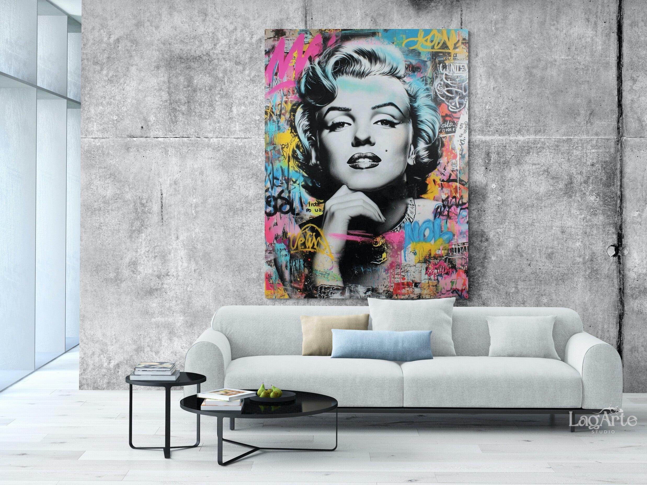 Marilyn Monroe pop art canvas wall art in modern concrete living room