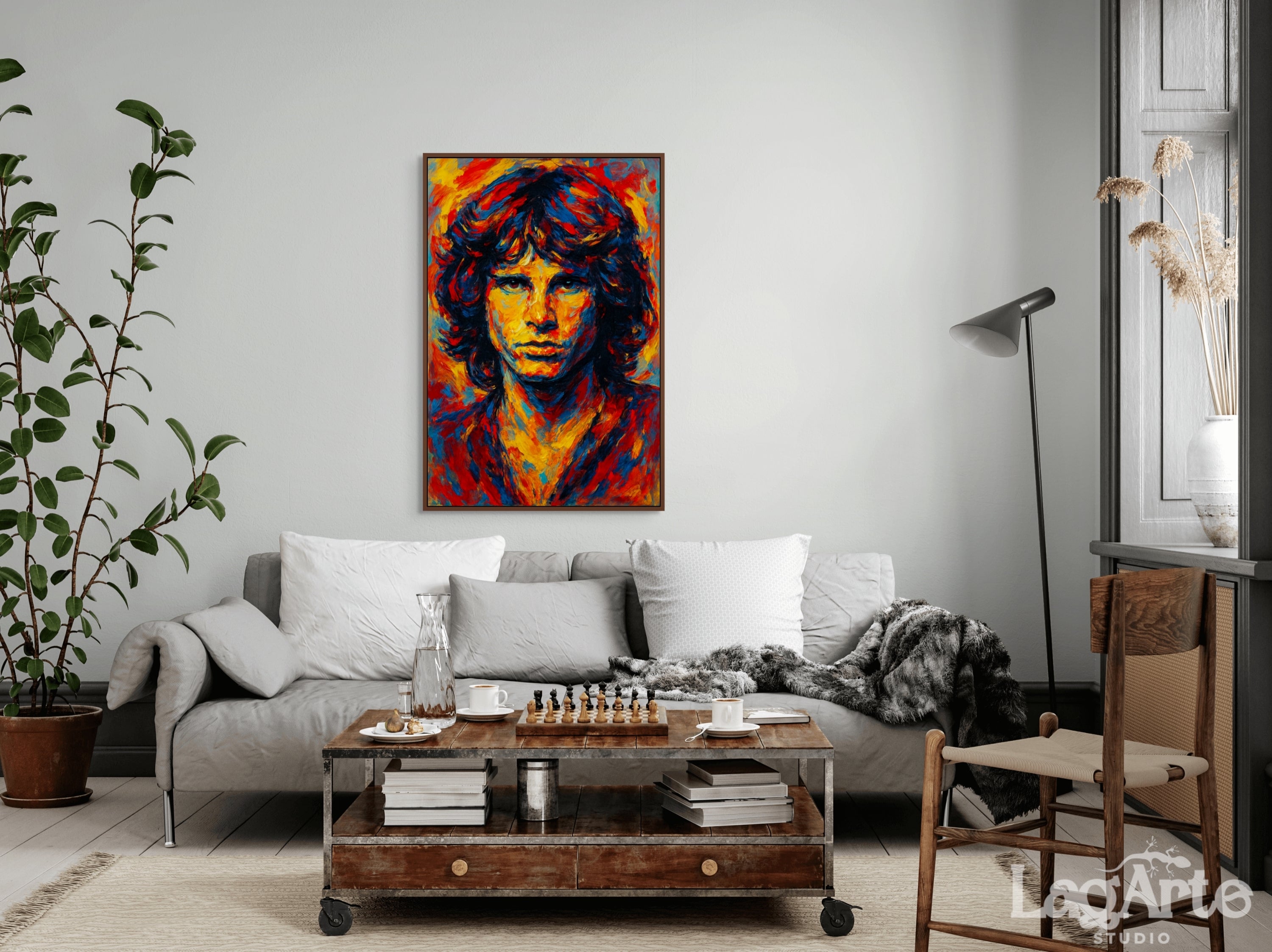 Jim Morrison style expressive portrait canvas wall art in modern living room