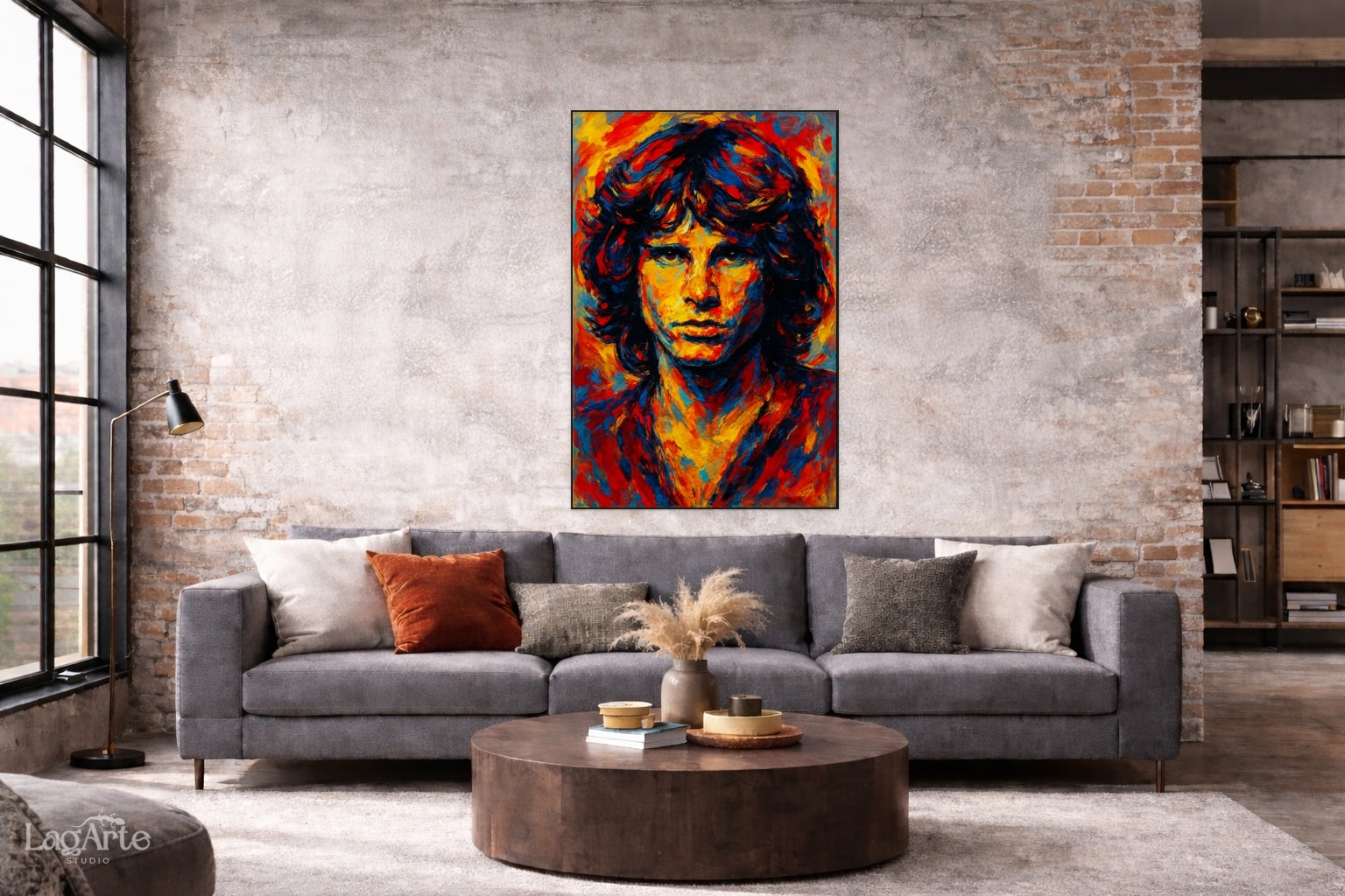 Jim Morrison portrait canvas wall art in industrial loft interior